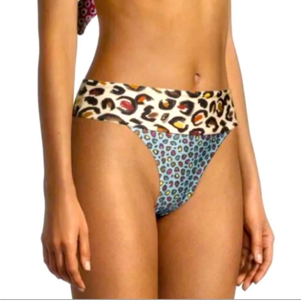 FARM Rio Multicolor Leopard Print Bikini Bottoms - Blue, Cream, Black, Orange